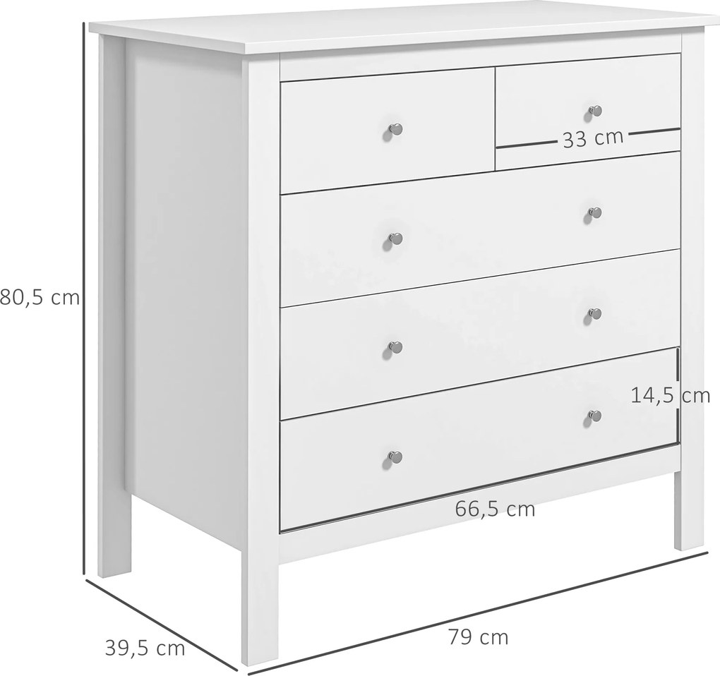 HOMCOM Stylowa Komoda 5-Szufladowa - Biały Kolor, 79x39,5x80,5cm - Praktyczny Mebel do Sypialni