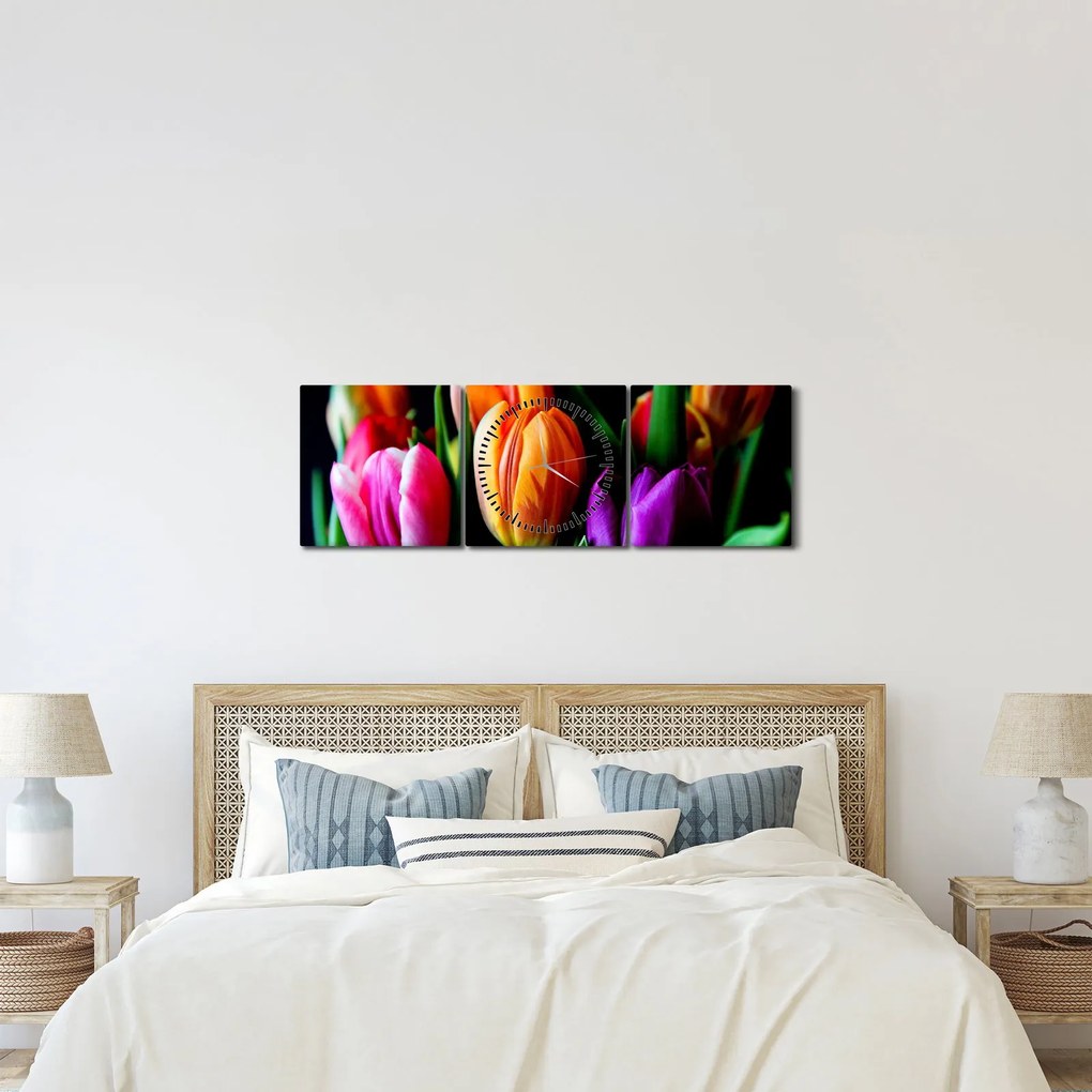 Obraz tulipanów na czarnym tle (z zegarem) (90x30 cm)
