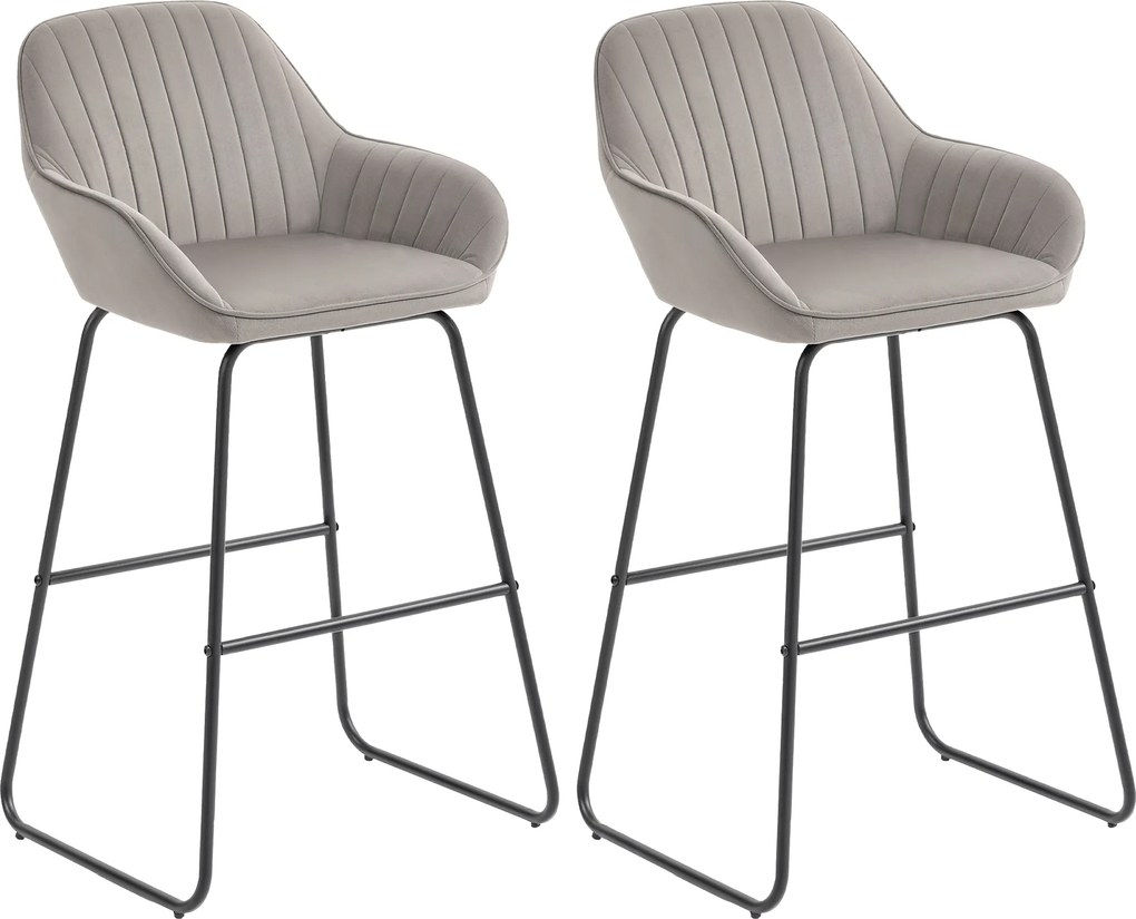 HOMCOM Zestaw 2 Barowych Stołków z Materiałowym Pokryciem i Piankowym Wypełnieniem, Krzesła Barowe z Metalowymi Nogami, Szare