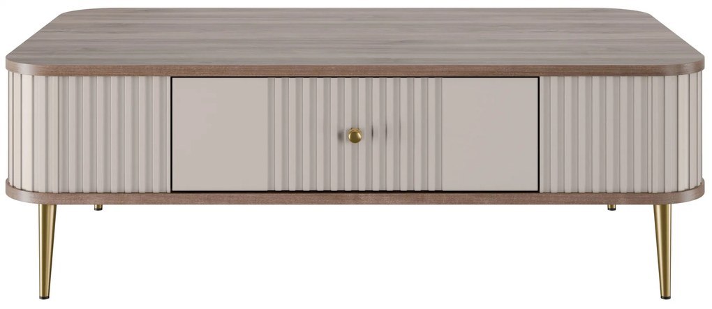 Stolik kawowy z szufladą Vesper 103x60 cm - kaszmir / orzech / złote nogi