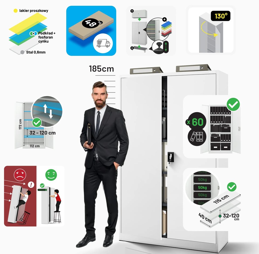 Szafa biurowa metalowa na akta biała JAN II, 1150 x 1850 x 400 mm