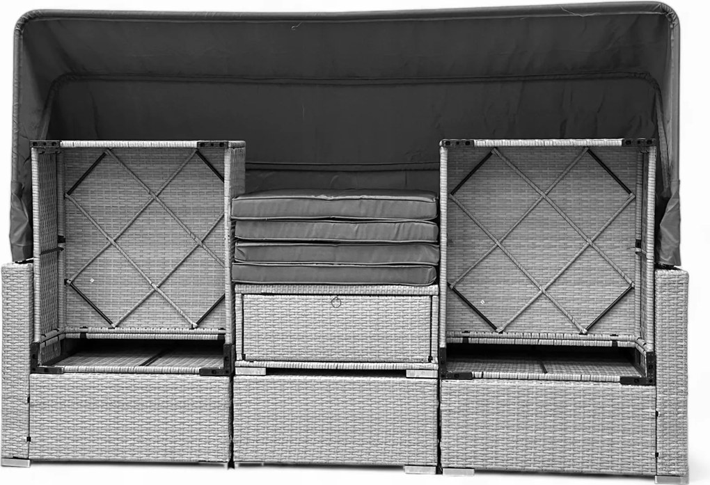 Wielofunkcyjny zestaw mebli ogrodowych - narożnik, leżanka z daszkiem Galicja 101 brąz, poduszki beżowe