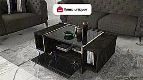 Stolik kawowy 1-drzwiowy z 2 półkami – efekt czarnego marmuru, ciemny naturalny i złoty – CADEBA