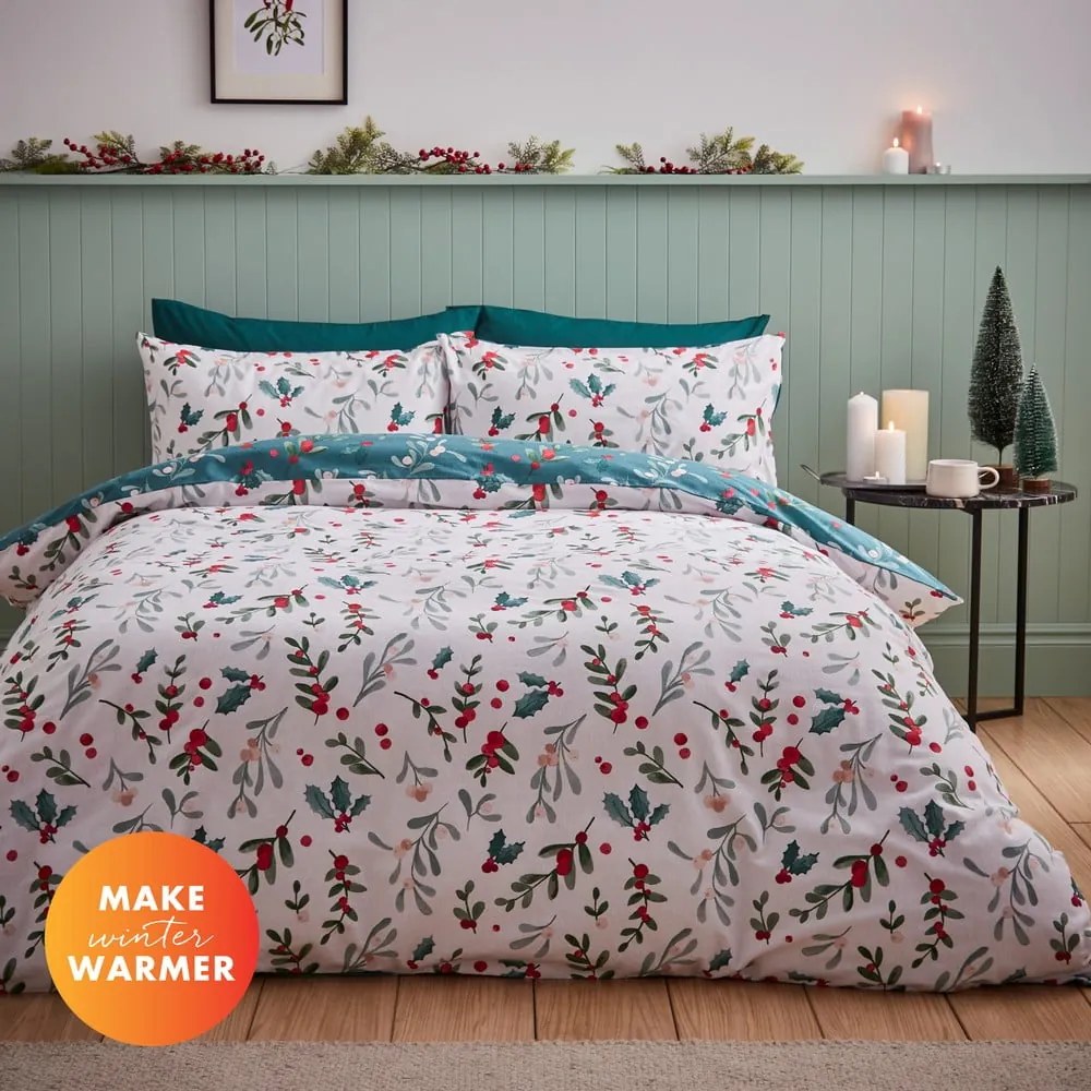 Biało-zielona flanelowa pościel dwuosobowa 230x220 cm Holly and Mistletoe – Catherine Lansfield
