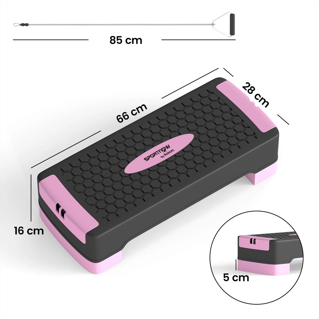 SPORTNOW Deska do stepu regulowana Fitness Aerobic Stepper 2 poziomy (11/16 cm) 2 taśmy oporowe, mata antypoślizgowa Różowy | Aosom PL