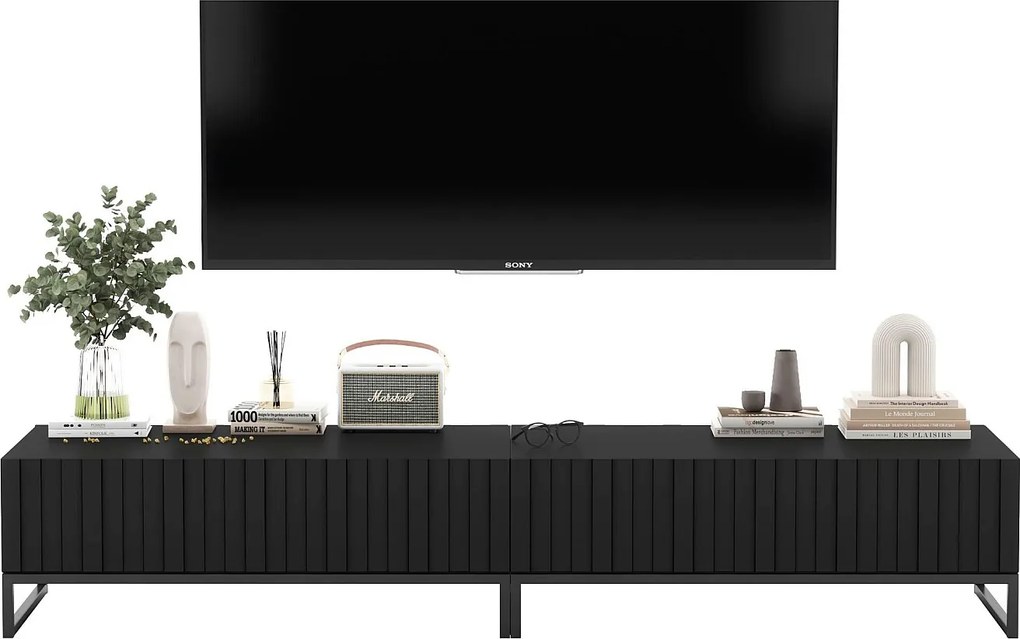 Szafka RTV z 2 drzwiami - korpus Czarny mat, fronty ryflowane Czarny mat - 220 cm, stelaż z czarnego metalu