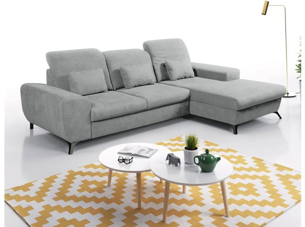 Rozkładany narożnik tapicerowany ALTA w układzie L z pojemnikiem, prawostronny, szary