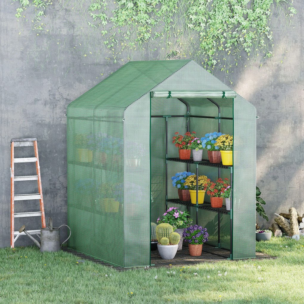 Outsunny Szklarnia Foliowa z 8 Półkami Stal PE Zielona 143x138x195cm Cieplarnia na Pomidory z Drzwiami | Aosom PL