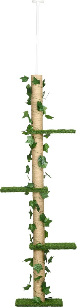 PawHut Regulowany Drapak 202-242 cm, Antypoślizgowy, Słupy z Juty, Płyta Wiórowa, Zielony/Żółty