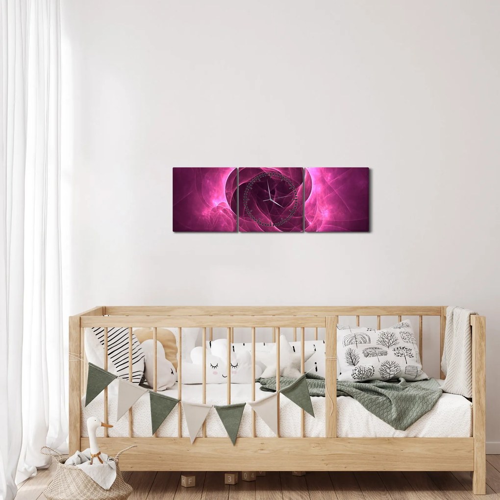 Obraz nowoczesnej różowej abstrakcji (z zegarem) (90x30 cm)