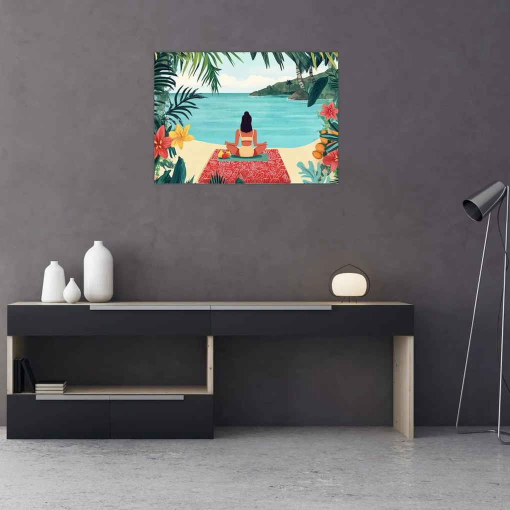 Obraz na szkle - Joginka na plaży (70x50 cm)
