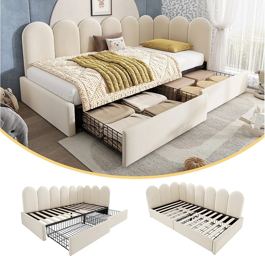 Łóżko tapicerowane dla dzieci z pojemnikiem - 90 x 200 cm - z 2 szufladami + stelaż - sofa rozkładana - aksamit - beż