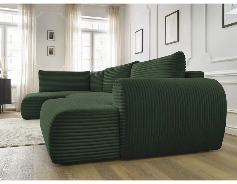 Ciemnozielony sztruksowy rozkładany/ze schowkiem narożnik (lewostronny/w kształcie litery U) Lucien – Bobochic Paris