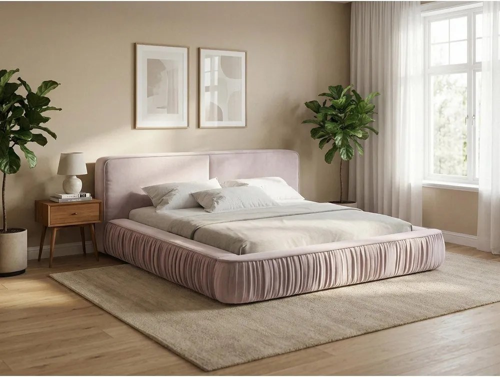 Kremowe tapicerowane łóżko dwuosobowe ze schowkiem i stelażem 180x200 cm Keoni – Makamii