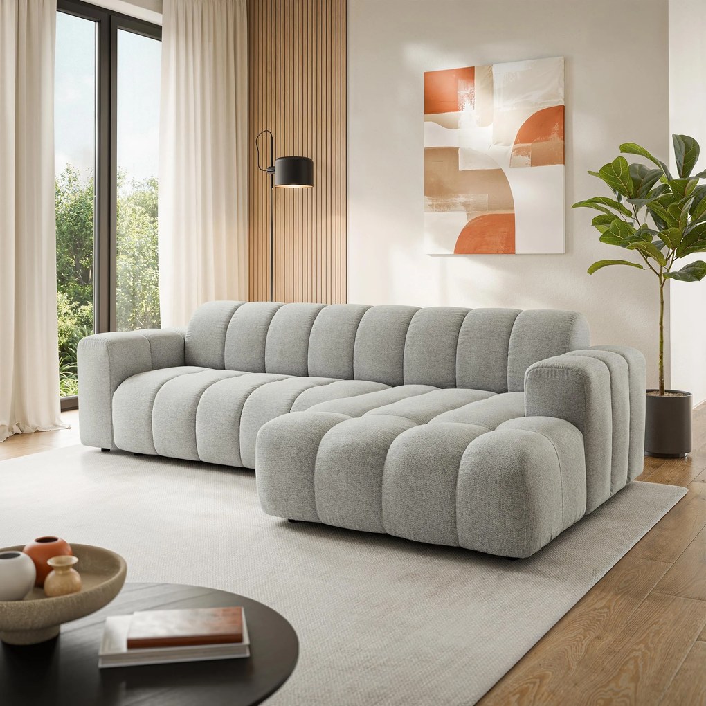 Masseno Narożnik SETIA Prawostronny L-Kształtny, Nowoczesna Sofa narożna, Tkanina Strukturalna - Jasnoszary, ARAGON 83