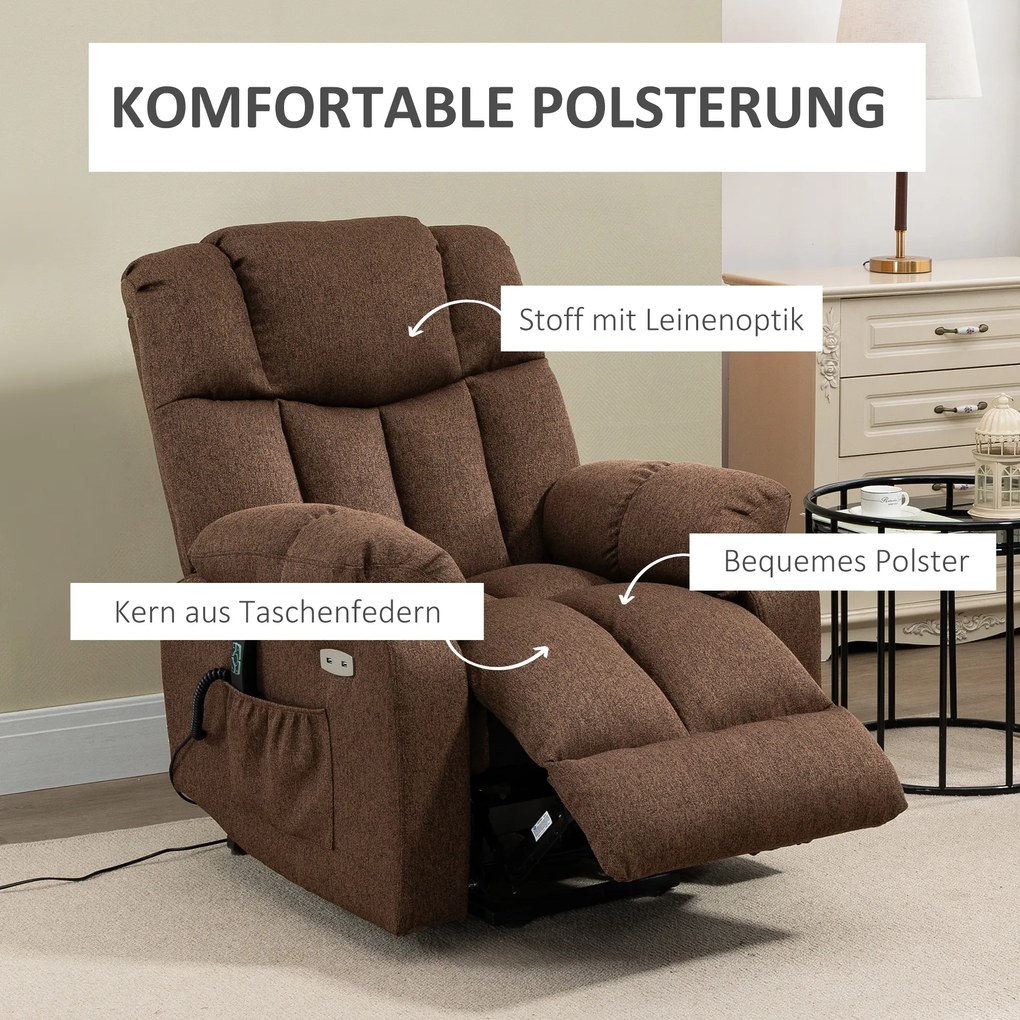 HOMCOM Fotel relaksacyjny Z pomocą na stojąco Oparcie regulowane do 145° Z podnóżkiem Z pilotem zdalnego sterowania Brązowy | Aosom PL