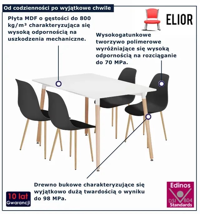 Biały stół z krzesłami na bukowych nogach W6-P85