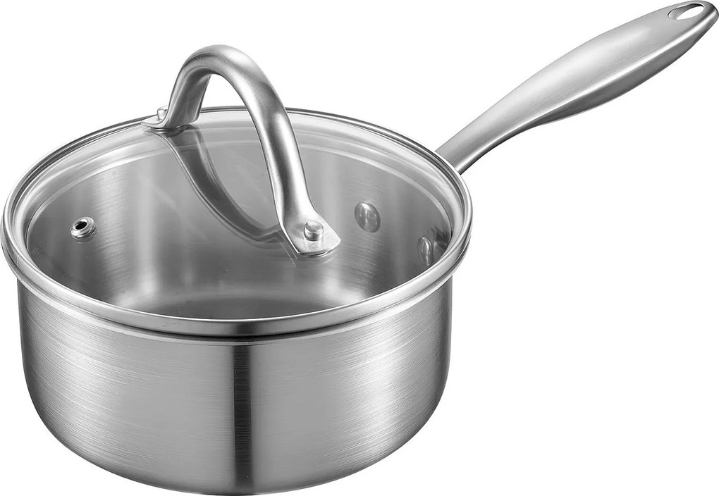 Garnek SucceBuy ze Stali Nierdzewnej 1,4 L, Garnczek z Pokrywą ze Szkła I Ergonomiczną Rączką, Nieprzywierający, Zmywalny w Zmywarce, Przyrząd Kuchenny