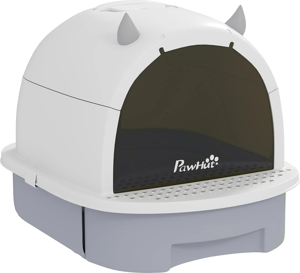 PawHut Kuweta z pokrywą kuweta dla kota z szufelką wysuwaną szufladą pedałem wejściowym dla kotów do 5 kg 40,5x52x39 cm Szara | Aosom PL