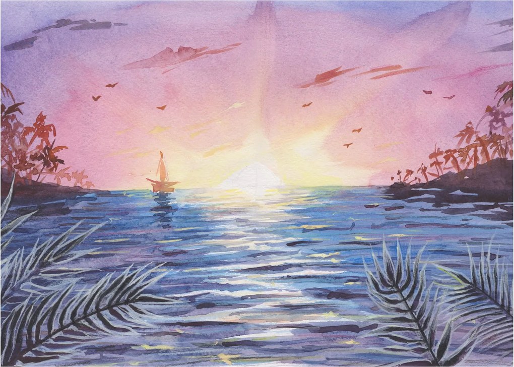 Obraz na szkle - Zachód słońca nad wodą, akwarela (70x50 cm)
