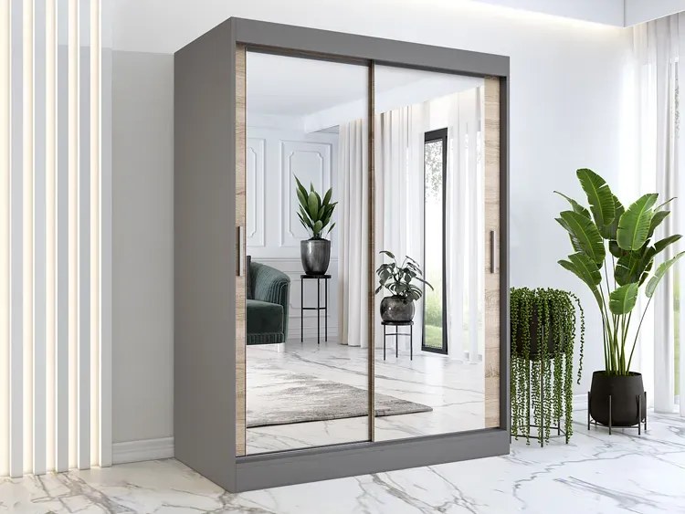 Szafa przesuwna z lustrem 150 cm antracyt + dąb sonoma H4-L27