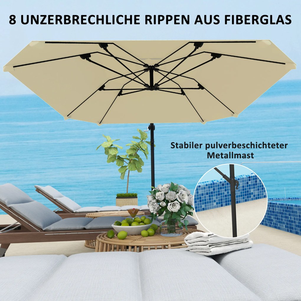 Outsunny Parasol Aluminiowy Ø 260 cm z Korbką, Wodoodporny, z Podstawą, Korbką, Beżowy