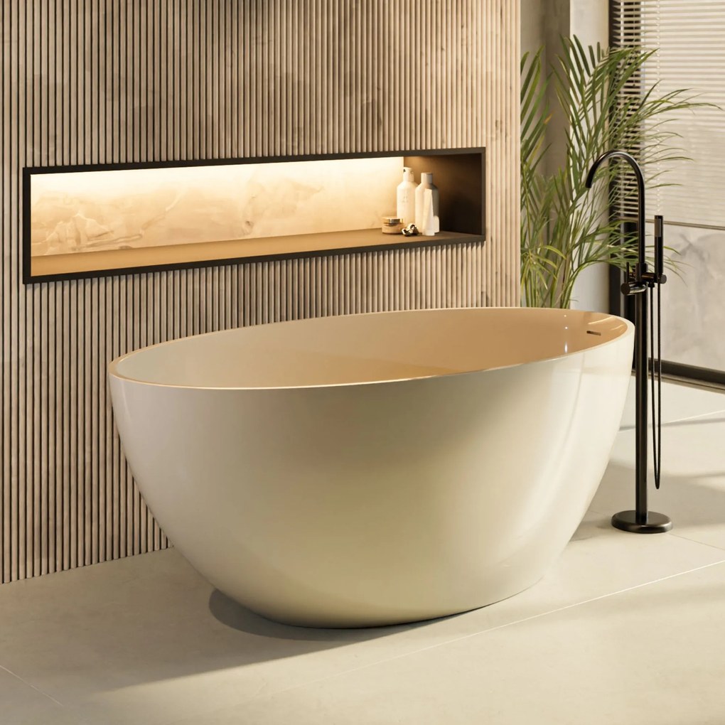 Wanna wolnostojąca owalna beżowa błyszcząca z konglomeratu 160 x 85 cm KALMI BEIGE GLOW z przelewem SLIM cienki rant