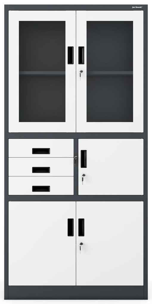 Szafa biurowa metalowa z sejfem, szklane drzwi, antracytowo-biała, 900x1850x400 mm: FILIP