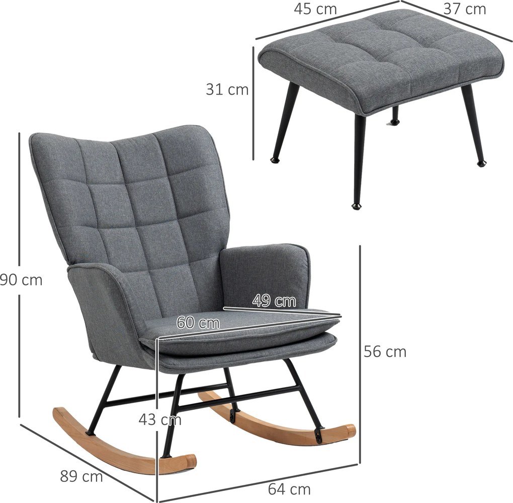 HOMCOM Krzesło Bujane z Podnóżkiem, Komfortowe, do 130 kg, Wygląd Lnu, 64x89x90 cm, Szary