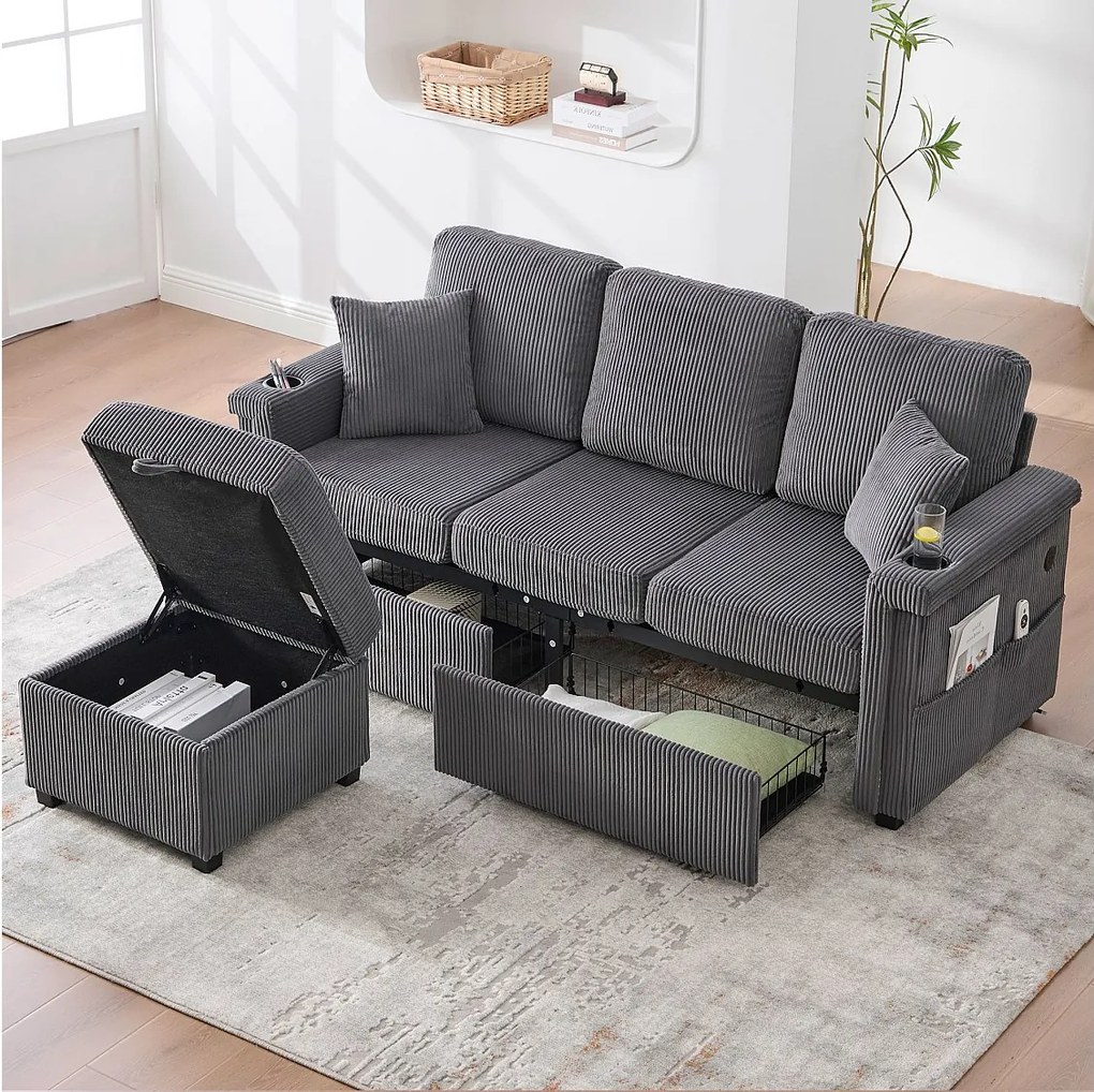 Ciemnoszara sofa 4-osobowa - Sofa narożna z oświetleniem LED i podnóżkiem ze schowkiem - uchwyt na kubek i boczne kieszenie - sztruks