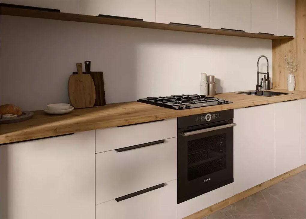 Loseo – komplet kuchenny 390 cm w kolorze kaszmir / dąb artisan z uchwytami czarnymi i systemem cichego domykania