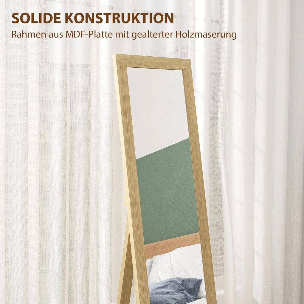 HOMCOM Lustro całopostaciowe, lustro ścienne, 37 cm x 40 cm x 155 cm, w tym haczyki montażowe, srebrny + dąb | Aosom PL