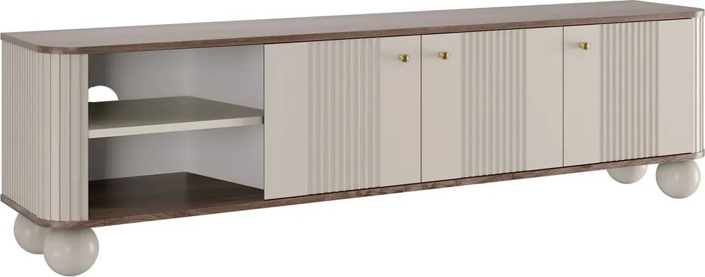 Szafka RTV Vesper 187 cm trzydrzwiowa - kaszmir / orzech / złote uchwyty / nogi kule
