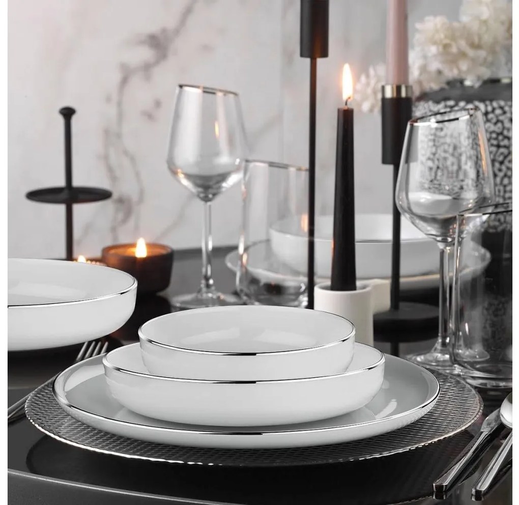 18-częściowy zestaw obiadowy, biały/srebrny, porcelana