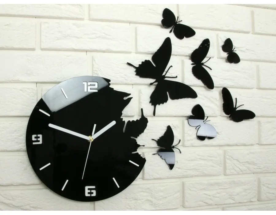 Zegar ścienny nowoczesny do salonu lub sypialni akrylowy czarny z motylami