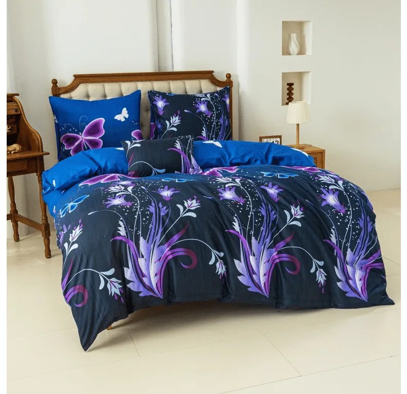 PrzytulneMieszkanie.pl PrzytulneMieszkanie.pl Pościel z mikrowłókna VIOLET BUTTERFLY ciemnoniebieska Rozmiar pościeli: 70 x 90 cm | 140 x 220 cm