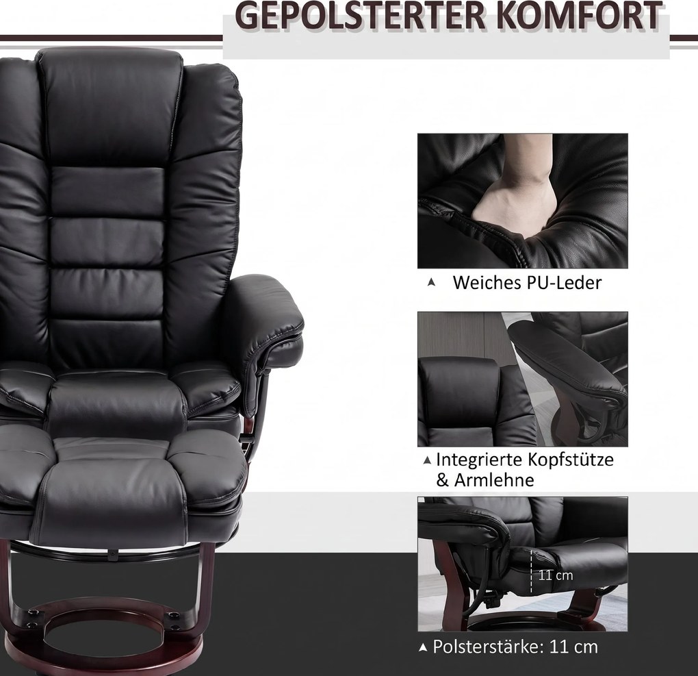 HOMCOM Fotel relaksacyjny z podnóżkiem, fotel rozkładany, obrotowy, odchylane oparcie, wygląd skóry, do 130 kg, czarny | Aosom PL