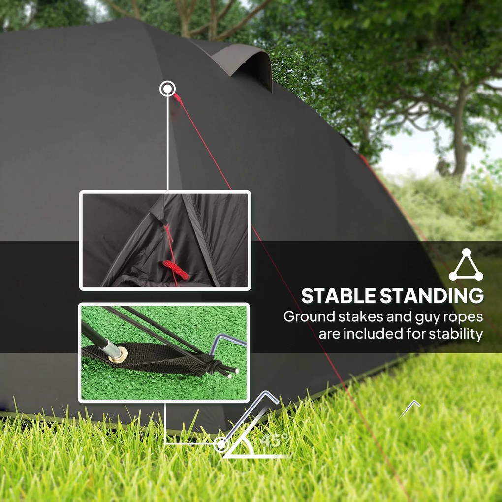 Outsunny Lekki Namiot Campingowy dla 4 Osób UV 50+ - Tunelowy, Czarny z Przedsionkiem, Bocznymi Drzwiami i Oknami