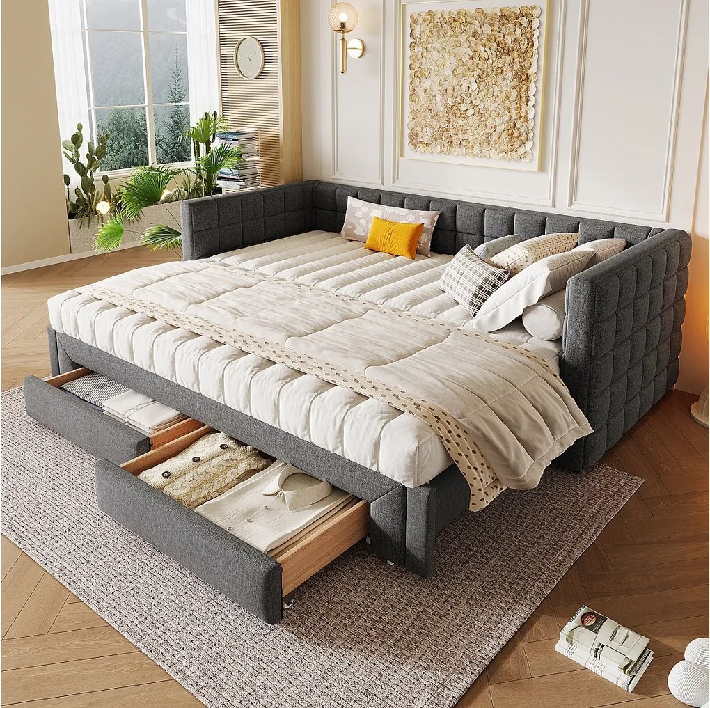 Łóżko wysuwane 90/180 x 200 cm, Tapczan z wezgłowiem i 2 szufladami - Aksamit - Szary (bez materaca)