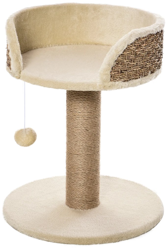 PawHut Drapak dla Kota z Łóżkiem i Koszykiem, w zestawie Zabawkowa Kula, 40 cm x 40 cm x 49 cm, Naturalny + Kremowy