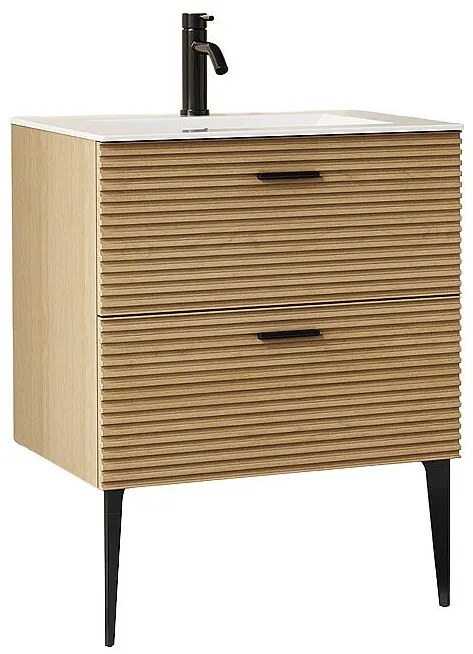 Podwieszana szafka łazienkowa prążkowana na nóżkach z umywalką wpuszczaną i baterią - 2 szuflady - Jasny naturalny - 60 cm - SARONE