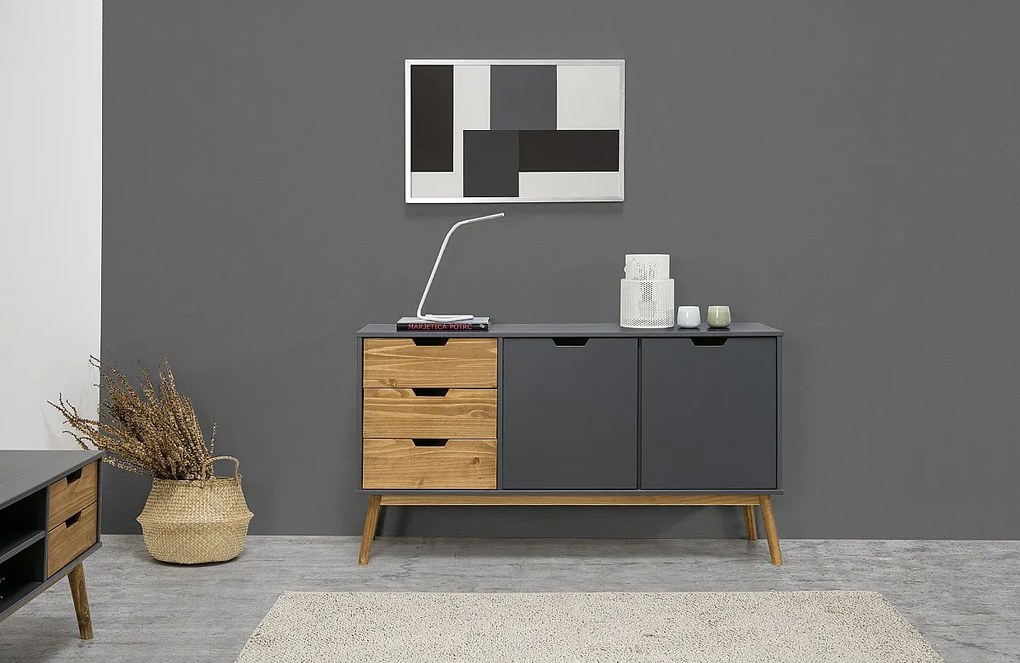 Bufet kolumnowy z komodą Java 3 szuflady i 2 drzwi antracyt, prowadnice metalowe, 140 cm.