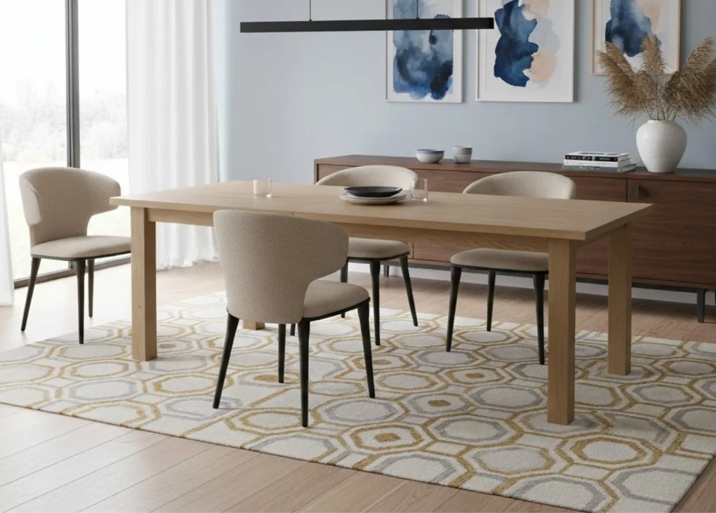 Stylowe krzesło do jadalni Serene, miękka beżowa tkanina, wygoda, solidne wykonanie, idealne do wnętrz z charakterem.