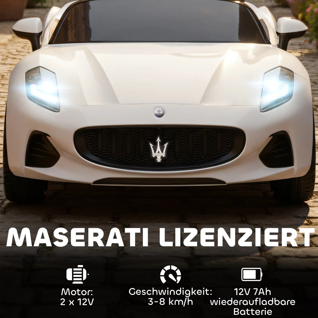 AIYAPLAY Maserati elektryczny samochód dla dzieci, 2-osobowy, zasilanie 12V, pilot, światła LED, funkcja muzyczna, Biały