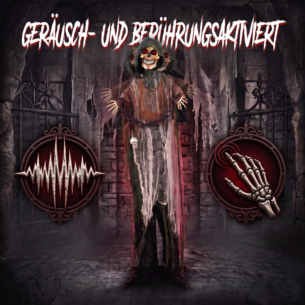 HOMCOM Animowany Żniwiarz, 170 cm, animatronika halloweenowa w skali naturalnej z ruchomymi dłońmi/głową, świecącymi oczami i przerażającym dźwiękiem | Aosom PL