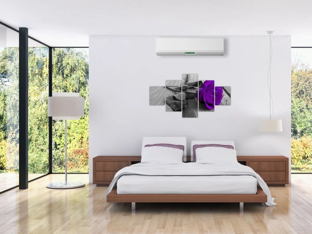 Obraz - Fioletowa róża z zieloną łodygą (125x70 cm)