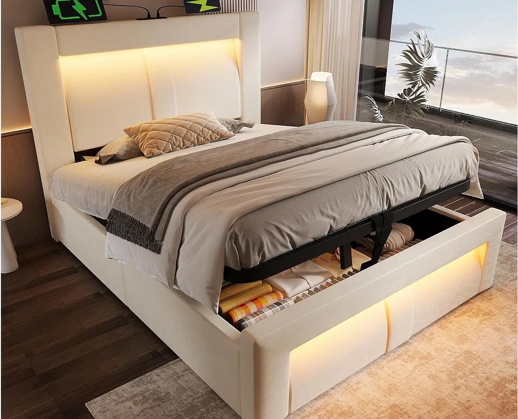 Łóżko tapicerowane ze schowkiem 90x200cm - z oświetleniem LED - z portami USB i Type-C - welur - Beżowy​ (bez materaca)
