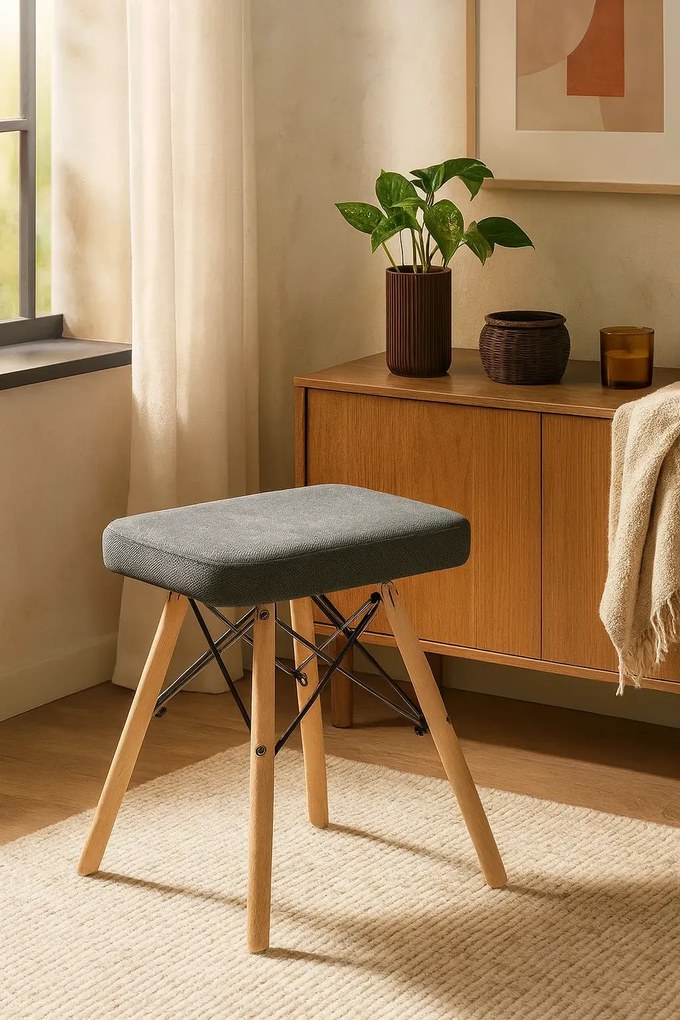 Szary skandynawski drewniany taboret tapicerowany K5-Z16