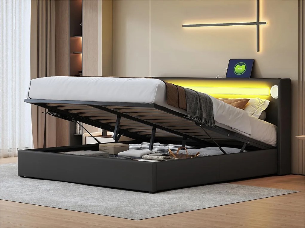Łóżko z tapicerowanym zagłówkiem z ekoskóry 160x200cm z LED, odtwarzaczem Bluetooth i portami USB - z stelażem na listwach - Czarne