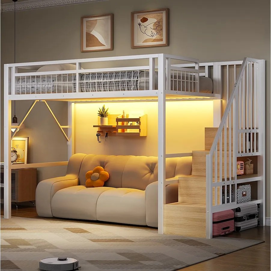 Łóżko piętrowe dla dzieci - 90 x 200 cm - rama żeliwna - z diodami LED + drabinka ze schowkiem - metalowe - białe